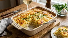 Uunissa paistettuja perunoita kermakastikkeessa, kultainen kuori: vaiheittainen resepti